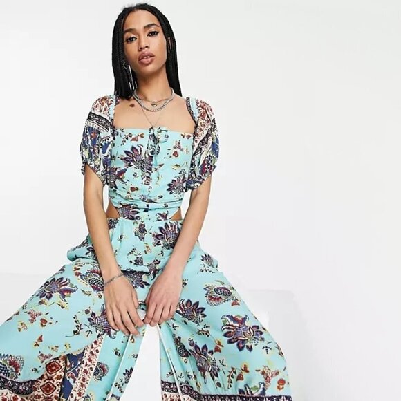 NWT Free People turquoise blue tropical floral print one piece jumpsuit, S - Picture 8 of 16